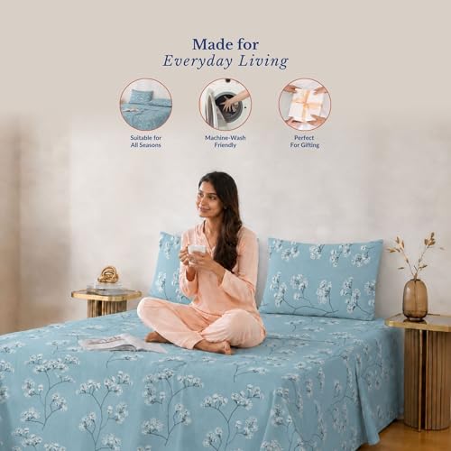 Image of Jaipur Weaves Cotton King Size Bedsheet 108x108 Super King, 100% Pure Cotton Bed Sheet with 2 Pillow Covers, 240 TC Soft Breathable Floral Design Bedding - (Blue, Super King)