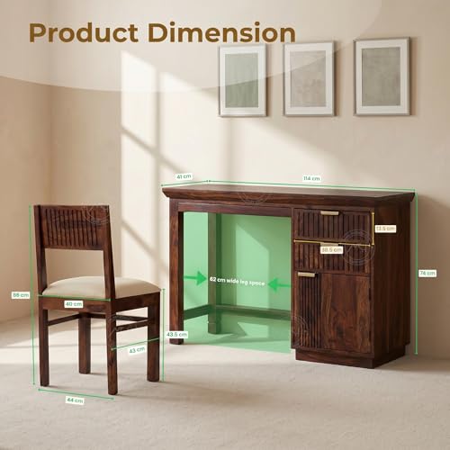 Image of NSH Solid Sheesham Wood Study Table with Chair | Wooden Writing Desk with Drawer & Door Storage | Pre-Assembled Computer Desk Workstation for Home Office & Study Room | Teak Finish