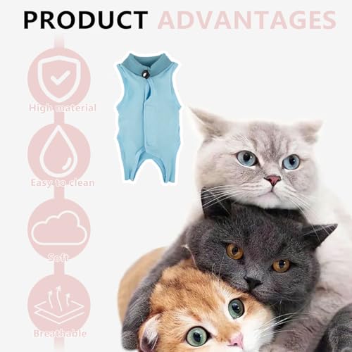 Cat Recovery Suit, Professional Cat Post-Surgery Suit, Elizabethan Collar & Cone Alternative, Anti-Lick Pet Vest for Kitten Spaying, Abdominal Wounds, or Skin Diseases (Blue, M Size) - Image 4