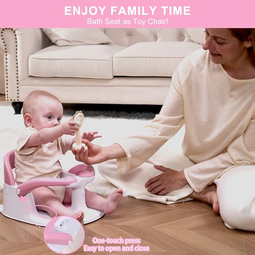 Image of Baby Bath seat for Babies 6 Months & up, 360 Stable Toddler Bath Chair with one-Touch Button, Back Hollow Design, Water Temperature Card & 4 Suction Cups for Safety (Pink)
