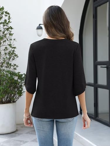 Image of TICTICMIMI Womens Tops 3 /4 Length Sleeve V Neck Casual Trendy Button Tunic Tops Summer Basic T-Shirts Loose Fit Pullover