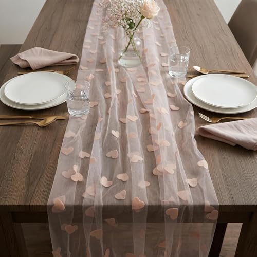 Chemin de Table Cœur Flocage – Tulle Rose et Blanc 3m, Décoration Romantique pour Mariage, Saint-Valentin, Anniversaire, Tissu Doux Respirant et Réutilisable