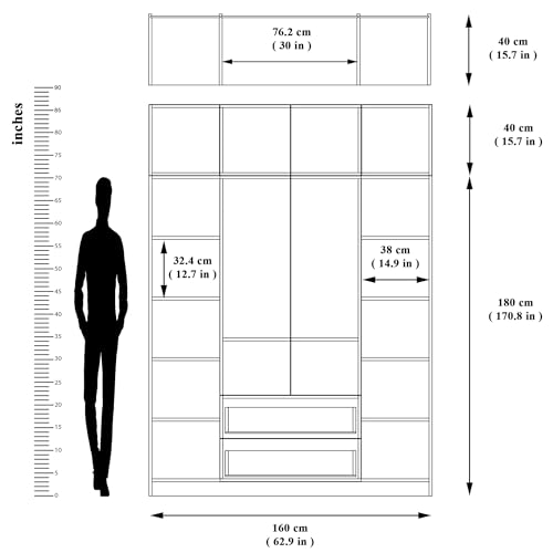 Image of VIKI Wardrobe | Wooden Almirah for Clothes,Door for Bedroom with Loft, 4 Door Wardrobe with Drawer, Mirror & Hanging Space (Dark Wenge - 40D x 160W x 220H) | 1 Year Warranty | Free Assembly