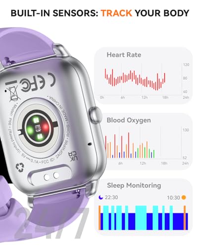 Image of Smart Watch for Men Women,1.85 inch HD Screen Bluetooth Fitness Tracker Step Counter /Sleep Monitor,110+ Sports Modes,IP68 Waterproof Smart Watch Compatible with iPhone Samsung Android Phone, Purple