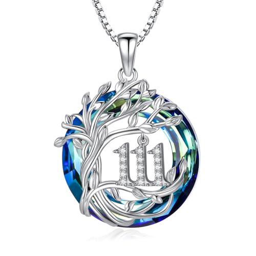 Tree of Life Necklace in Sterling Silver with Blue Crystal