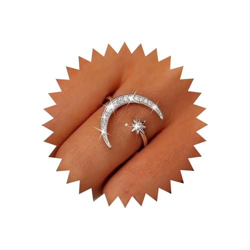 TseenYi Bague Ajustable Étoile Lune En Cristal Bague Ajustable Croissant En Argent Petites Bagues Étoiles Minimalistes Bagues Ouvertes Étoiles En Strass