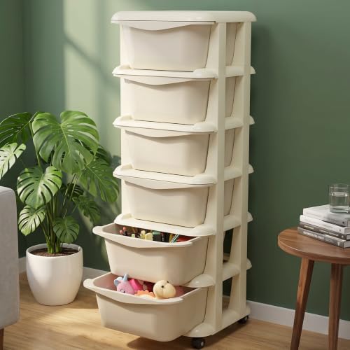 Image of TEX-RO Modular Drawer Storage Organizer | Plastic Chest of Drawers for Kitchen Storage Cabinet | Multi-Layer Storage Drawer Cabinet & Drawers Organisers for Home, Office, Kids (Cream, 6 Layer)