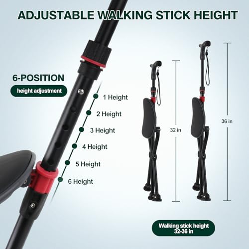 Image of Walking Cane with Seat - Folding Lightweight Walking Cane Chair for Seniors, Adjustable Height 32 inch-36 inch, Heavy-Duty 3-Legged Cane Stool for Men Women (Black)