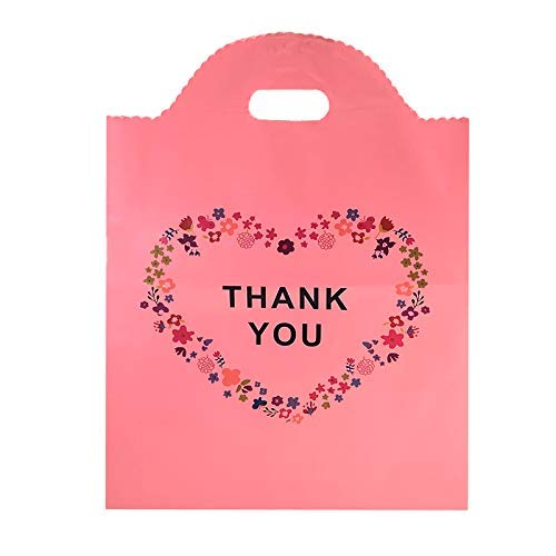 SES.CO 12x15 Die-Cut Handle Plastic Thank You Floral Merchandise Shopping Bags, Pink, 100 Count