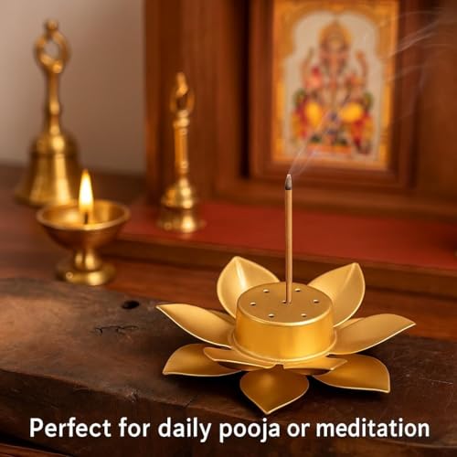 Image of SATYAM KRAFT 1 Pcs Lotus Flower Design Agarbatti Stand Incense Holder Ash Catcher Metal for Wedding Decorations Setup, Mandir, Pooja, Wedding & Spiritual Events, Insence Burner (Golden)