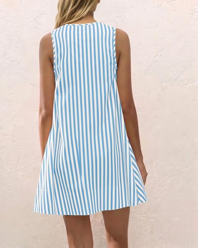 Image of Women Summer Sleeveless Babydoll Mini Dress Scoop Neck Loose Fit Tank Dresses Party Ruched Short Dress with Pockets