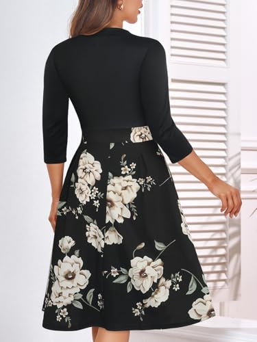 Image of YATHON Womens Elegant Print Notched Neck Slant Pocket Pleated Hem Casual A-Line Dress