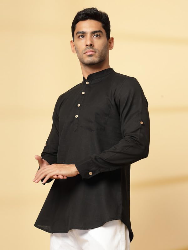 Image of Vastraa Fusion Men's Handloom Weaving Pure Cotton Short Kurta, Round Collar, Full Sleeves,Button Kurta, Ethnic Wear