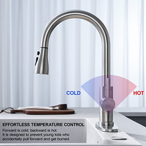 Brushed Nickel Kitchen Faucet With Pull Down Sprayer - High Arc Stainless Steel Kitchen Sink Faucet, 3-Function Pull Out Kitchen Faucet, Single Hole Single Handle Sink Faucet, Modern Kitchen Faucets #TOP4