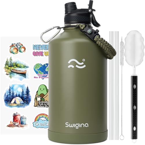 Image of Swigina [2-IN-1 LID] Gallon Insulated Water Bottle with Silicone Boot (48hrs Cold /24hrs Hot) - DIY Stickers, Leakproof, BPA Free, 128 oz