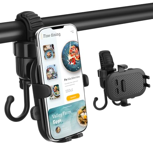 2 in 1 Baby Stroller Cell Phone Holder 360 Degree Rotate Universal Clamp Pram Wheelchair Accessory Mount Bracket Bicycle Phone Stander with Double Hook, Removable