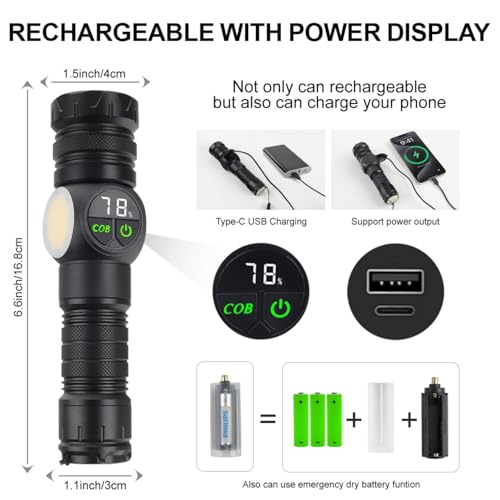 Cuteefun Powerful Torches LED Super Bright Rechargeable, 2800 Lumens Torch with LCD Digital Display, Magnetic Flashlight with COB Side Light, 9 Light Modes Zoomable for Power Cut, Camping, Emergency - Image 6