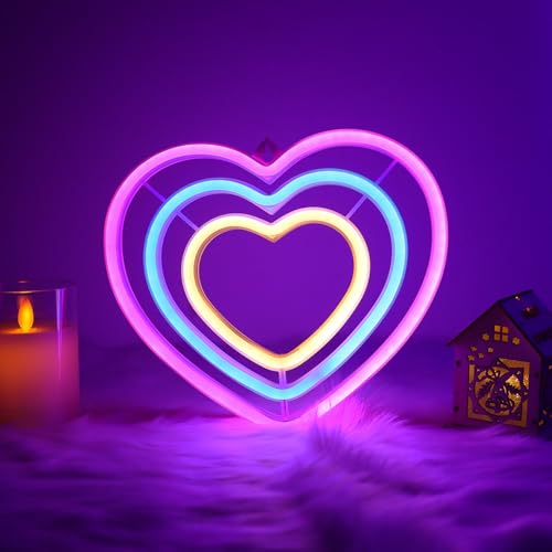 Image of ENUOLI Pink Heart Neon Sign, Rainbow Heart LED Neon Light for Home Decor | Battery /USB Operated Heart Decorations Lamp Night Lights for Valentine's Day,Birthday,Party,Christmas,Girls,Lover,Teens Gift