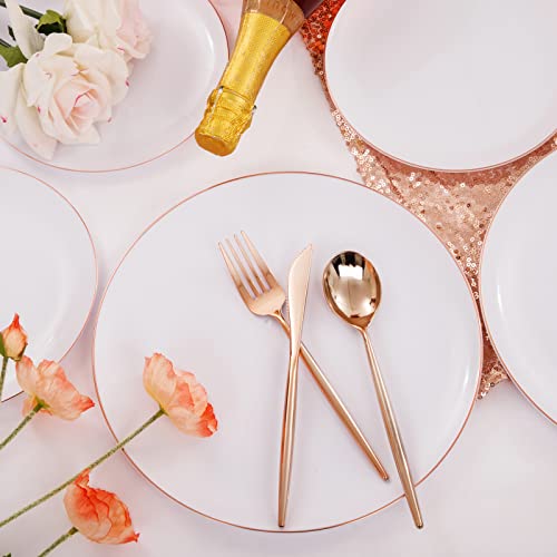 Luoda 350Pcs Rose Gold Plastic Plates, Rose Gold Dinnerware Sets Include：100 Rose Gold Party Plates, 50 Pre-Rolled Napkins With Rose Gold Silverware And 50 10Oz Plastic Cups,Idea For Wedding, Birthday #TOP4