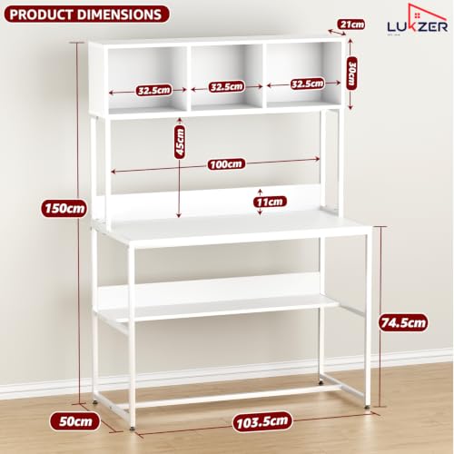 Image of Lukzer Wooden Study Table with Bookshelf & Hutch (MST-011 /White & White) Engineered Wood & Metal Office Desk with 3 Storage Shelf for Home | DIY Writing & Computer Table for Laptop /PC (150x103x50 cm)