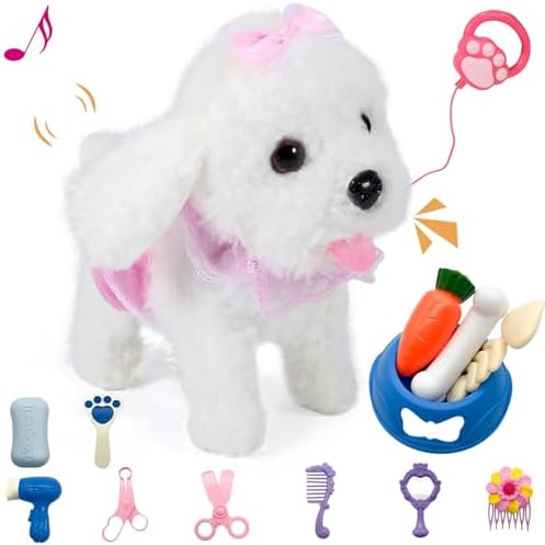 GOBRILLFUN Interaktiver, laufender Plüsch-Welpenspielzeughund, Roboterhund mit Pflegeset, Weihnachtsgeschenkspielzeug für Mädchen und Jungen, Kinder ab 3, 4, 5, 6 Jahren (Schneewit