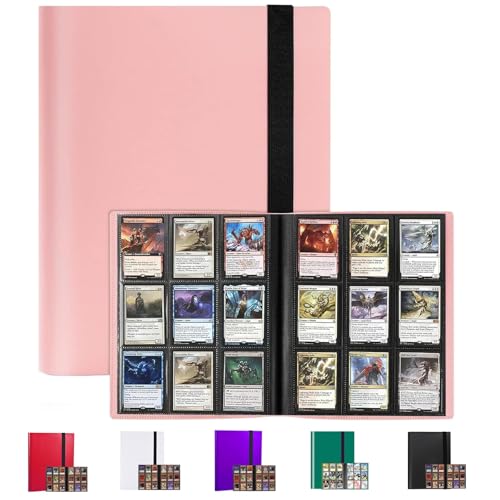 IKEEP 9-Pocket Trading Card Binder - 360 Side-Loading Pockets with Secure Straps Durable PU Holder for Pokemon Yu-Gi-Oh MTG Sports & Football Cards (Pink)