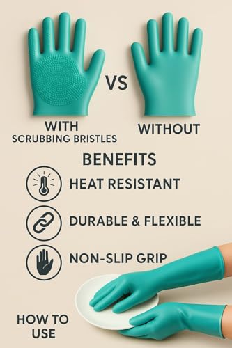 Image of Silicone Dishwashing Gloves with Built-In Scrubber | Reusable Cleaning Gloves for Kitchen & Household Use | Heat Resistant Hand Gloves for Washing Dishes & Plate Cleaning (Green, 1 Pair)