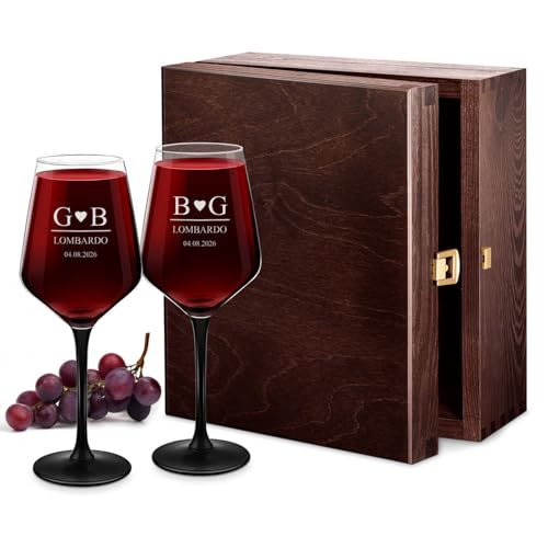Maverton 2 Calici da vino Rubino - incisione personalizzata - 300 ml - con gambo nero - pensiero speciale per nozze - adatti per vino secco e dolce - unici per coppia - regalo di Natale - cuore