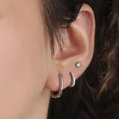 FSLEAD Silver Plated Paperclip Earring Stack Set for Women - U Hoop Rectangle Earrings, Dainty CZ Stud & CZ Huggie Hoop, Hypoallergenic Stackable Earrings for Multiple Piercings, Trendy Gift for Her — view 3