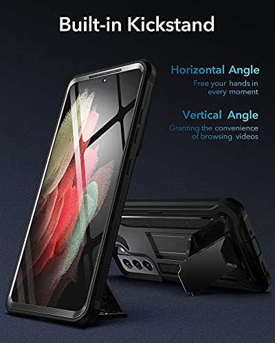 Youmaker Compatible With Galaxy S21 Case With Built-In Screen Protector, Kickstand Full Body Shockproof Rugged Cover For Samsung Galaxy S21 5G 6.2 Inch - Black #TOP2