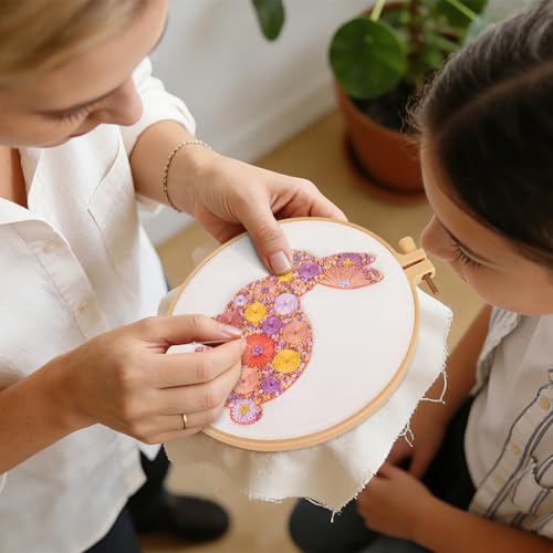Image of Easter Embroidery Kits for Beginners Adults, Flowers Bunny Embroidery Kits, Hand Stamped Cross Stitch Kits for Beginners Adults & Women Easter Gifts, Entire Set of Embroidery Supplies & Video Tutorial