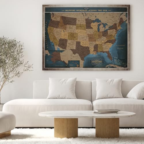 Image of DECORARTS - Antique Navy Blue USA Travel Map Wall Art, Vintage United States Canvas Map for Home Office Living Room Decor, Ready to Hang, 40x30''