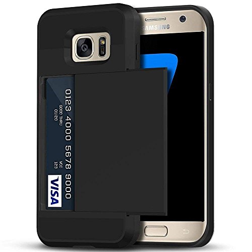 Anuck Galaxy S7 Edge Case, Slidable ID Card Slot Holder Galaxy S7 Edge Wallet Case [Credit Cards Pocket][Hard Shell] Shockproof Armor Rubber Bumper Protective Case Cover for Galaxy S7 Edge - Black