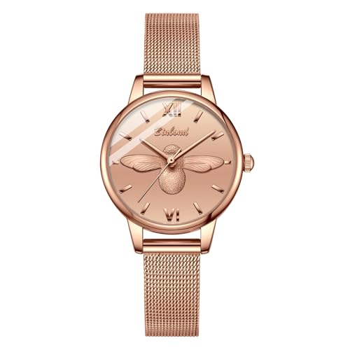 W WOLF-CUB New Women Luxury Watch Rose Gold 31mm Classic Casual Girl Dress Watch Bracelet Set 3D Engraved Bee Dial Clock, rose gold, business