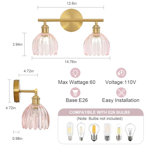 Image of Gold Bathroom Light Fixtures Over Mirror, 2 Light Bathroom Vanity Light with Tulip Pink Glass Lampshade, Vintage Vanity Lights for Bathroom, Bathroom Vanity Lights Over Mirror