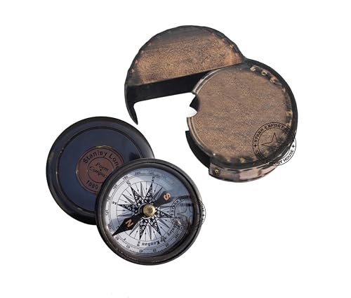 Brújula de bolsillo de latón con sundial y caja de cuero miniatura 2