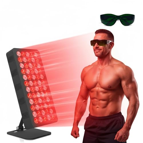 Threnthos Red Light Panel with 60 Pcs Dual Chips LEDs, 660 Red Light & 850 Near-Infrared for Face and Body Wellness, 10/20/30min Timer, Adjustable Stand & 5 Brightness for Home Office & Gym (Black)