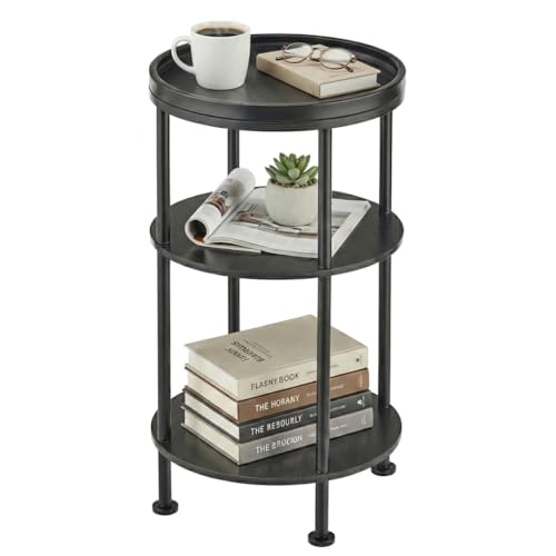 Small Round Side Table with Tray Top, 3-Tier Black End