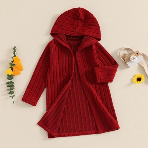 Kids Boys Girls Knit Cardigan Solid Color Hoodie Ribbed Knitwear Hooded Long Sleeve Winter Open-Front Sweater 3-8T3