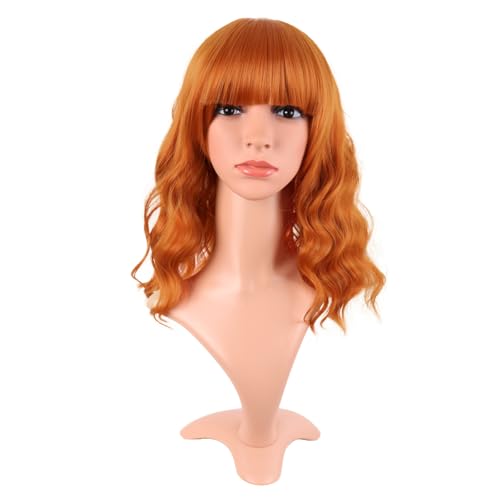 MapofBeauty 14 Pouces/35 cm Court Wavy Avec Frange Shoulder Longueur Bouclé Flat Bang Cheveux Synthétique Bob Perruque (Léger Orrange)