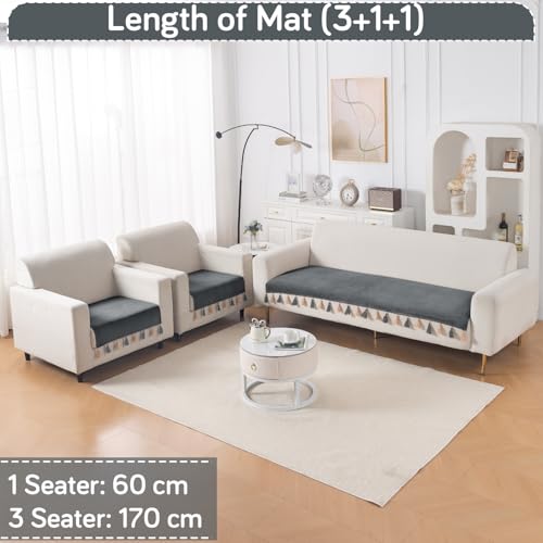 Image of HOKIPO Premium Holland Velvet Sofa Cover 5 Seater Set - Washable 3+1+1 Sofa Cover Mat with Tassel | 'TasselTone Series' | Graphite Grey (IN-1108+1104-DGRY*2)