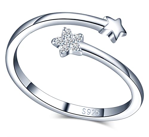 MICGIGI Anillo abierto de plata de ley 925 para mujer con doble estrella, anillo ajustable con circonitas, Plata