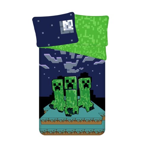 Jerry Fabrics Ropa de cama infantil reversible Minecraft Green Creeper Sleep Tight Night Verde Funda nórdica 140 x 200 cm, funda de almohada de 70 x 90 cm, 100% algodón…