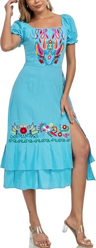 Image of YZXDORWJ Mexican Dress for Women Boho Embroidered Sexy Ruffle Maxi Dress Short Sleeve Summer Beach Wedding Party Dress