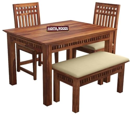 Image of AADITYA WOODS Solid Sheesham Wood 4 Seater Dining Table Set with Chairs & Bench for Living Room Home Wooden Dining Table Set for Office Restaurant Modern Dining Room Set-45x30x30inch (ad-Honey4sB)