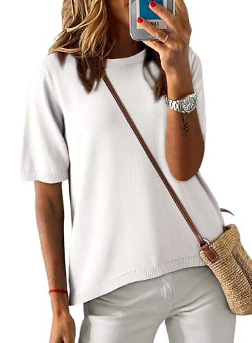 Image of Dokotoo Womens Tops 2026 Casual Summer Crewneck Short Sleeve Striped Color Block Knit High Low Trendy Pullover Sweaters