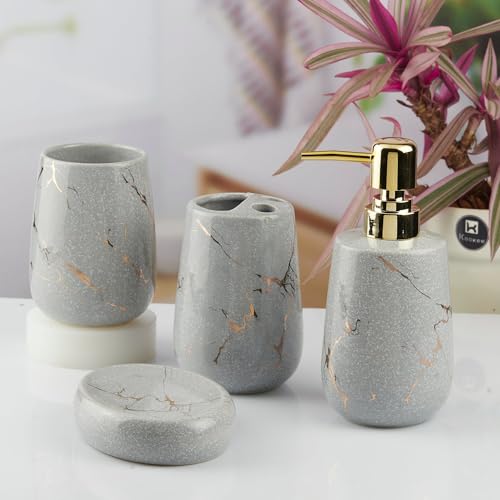 Image of Kookee Ceramic Bathroom Accessories Set 4 Piece - Soap Dispenser, Toothbrush Holder, Tumbler & Soap Dish | Modern Designer Decor for Home & Guest Bathroom, Dark Grey (10430)