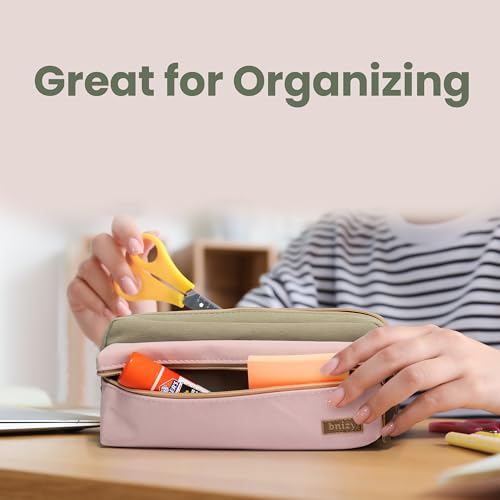 Image of Large Pencil Case, Pencil Pouch with Zipper Compartments, Aesthetic Pencil Case for Adults, Stationery Pouch Pen Case for Office (Green&Pink)