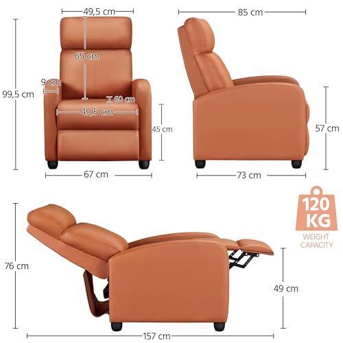 Yaheetech Fernsehsessel Relaxsessel mit Liege-Funktion, TV Sessel Ruhesessel Polstersessel Liegesessel verstellbar Einzelliegesessel für Wohnzimmer/Schlafzimmer/Lounge/Heimkino, Kunstleder Tan – Bild 4