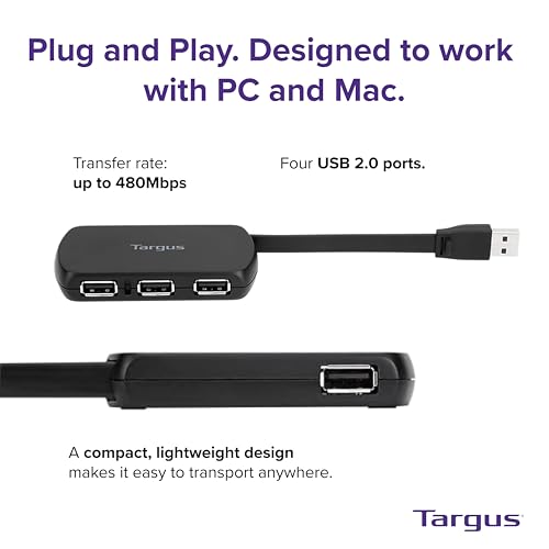 Targus 4-Port USB 2.0 Hub, Black - Compatible with PC and Mac, Sleek and Travel Friendly (ACH114US)